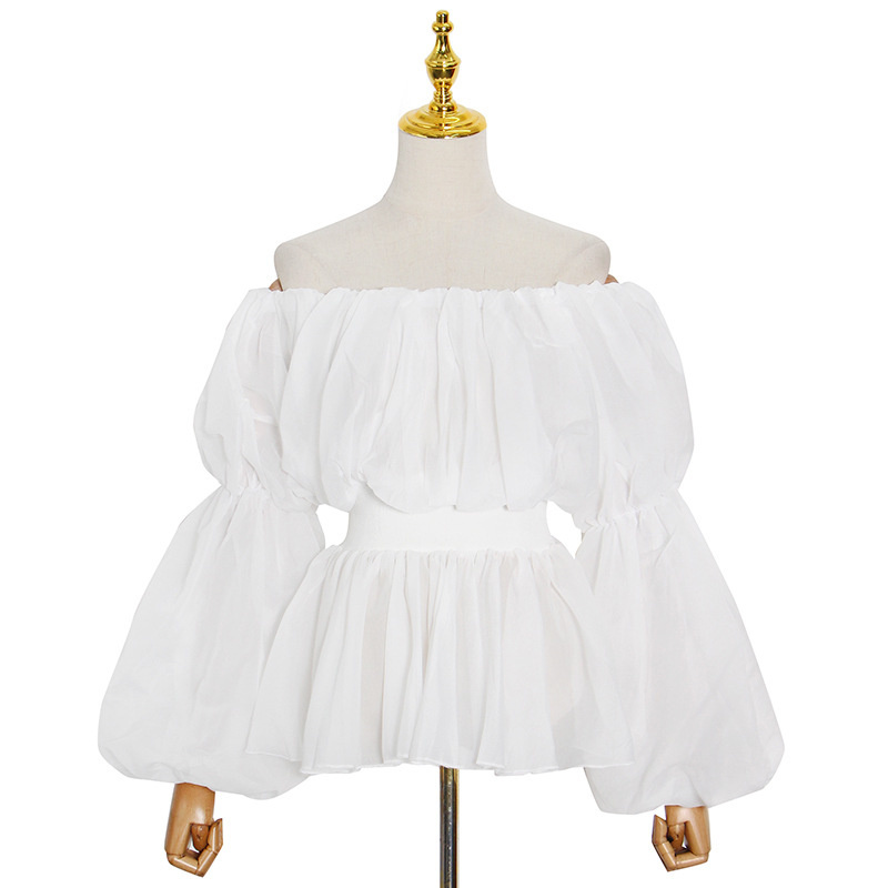 Chic Fashion Slash Neck Lantern Sleeve Shirts Women Elegant Temperament Office Lady Blouses Spring Solid Pleated Tops 210525