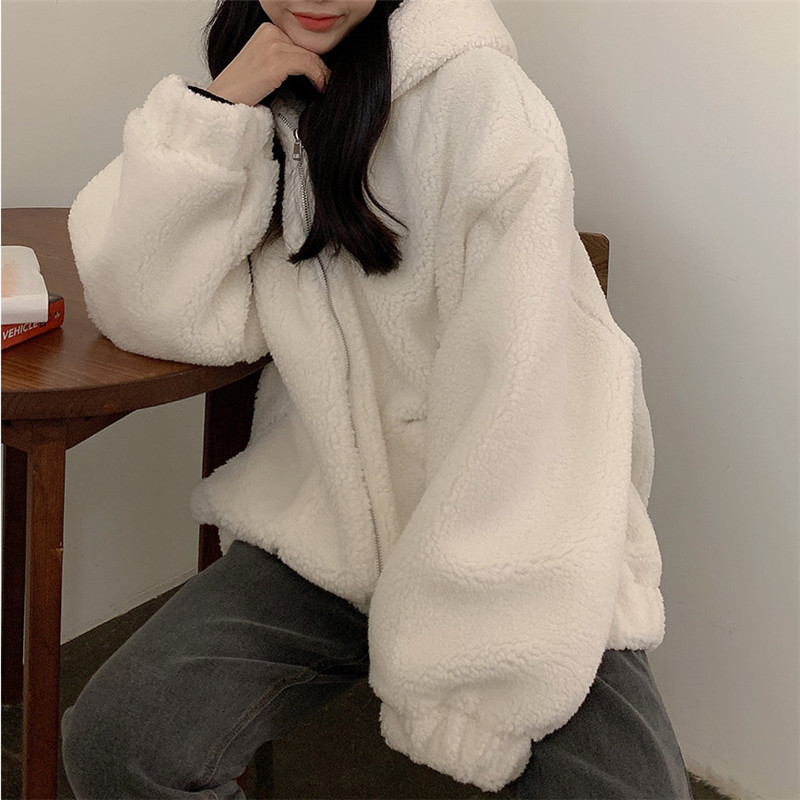 Autumn Winter OL Plus Size Casual Faux Lambwool Coat Women Hooded Fur Jacket Loose Solid Thick Warm Coats Female 210421