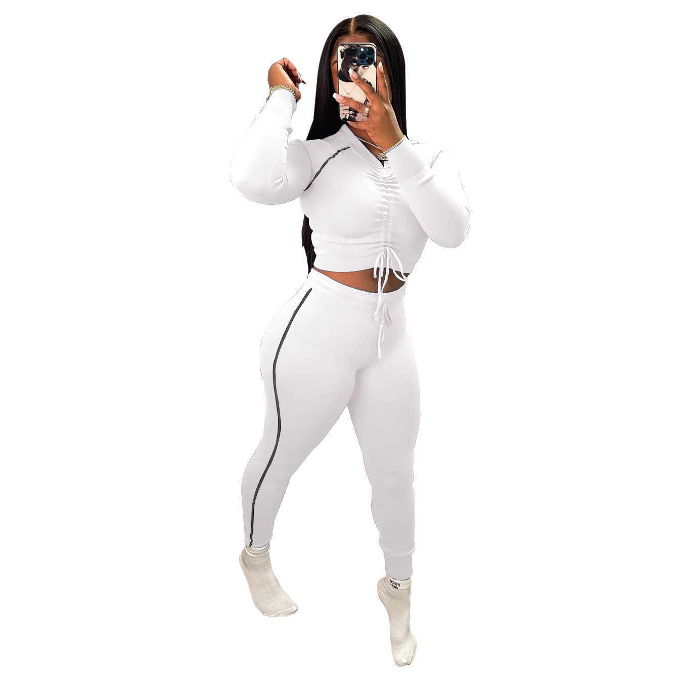 Designers Women sports tracksuits Clothes 2023 pleated hooded long sleeved trousers two piece set solid color elastic suit Women