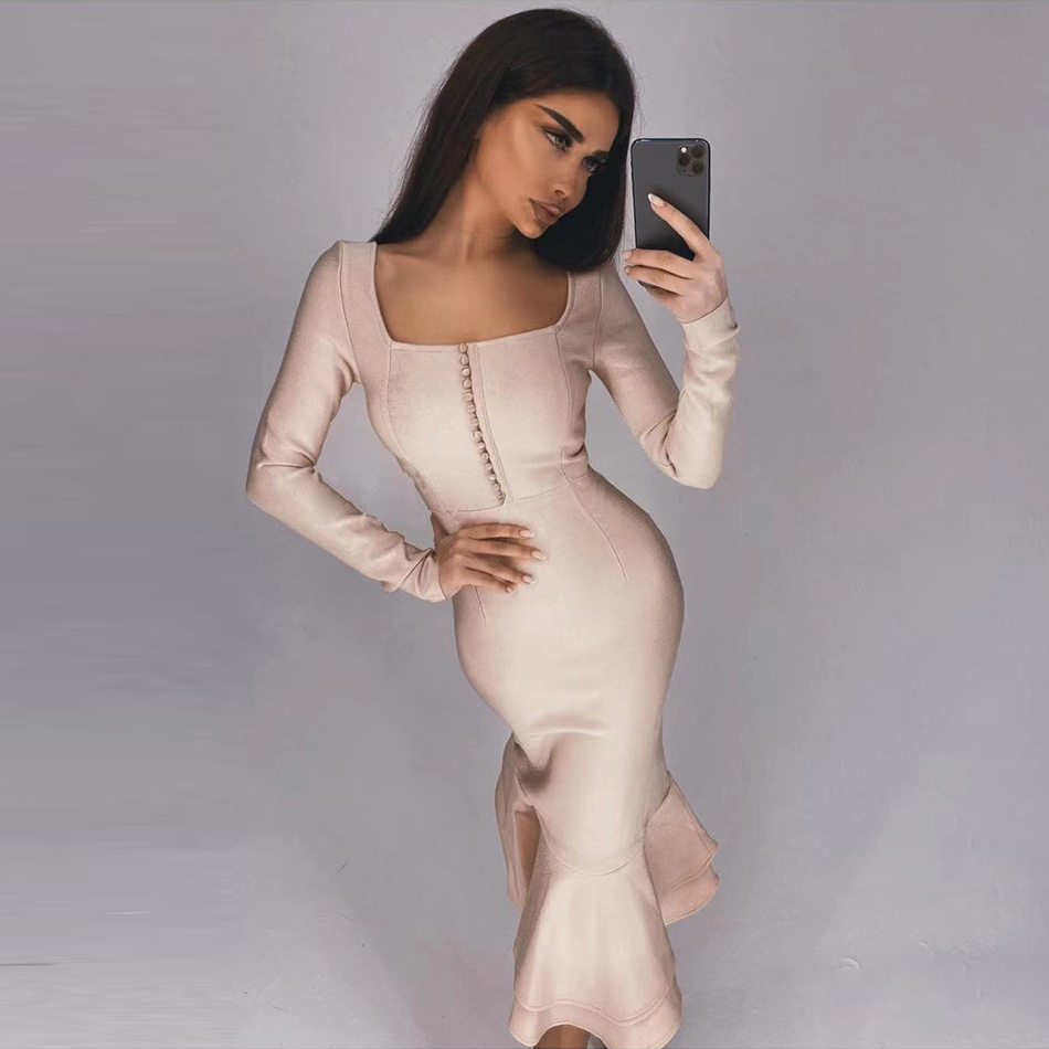 Autumn Women Apricot Bodycon Bandage Dress Sexy Mermaid Long Sleeve Club Celebrity Runway Party Dresses Vestidos 210423