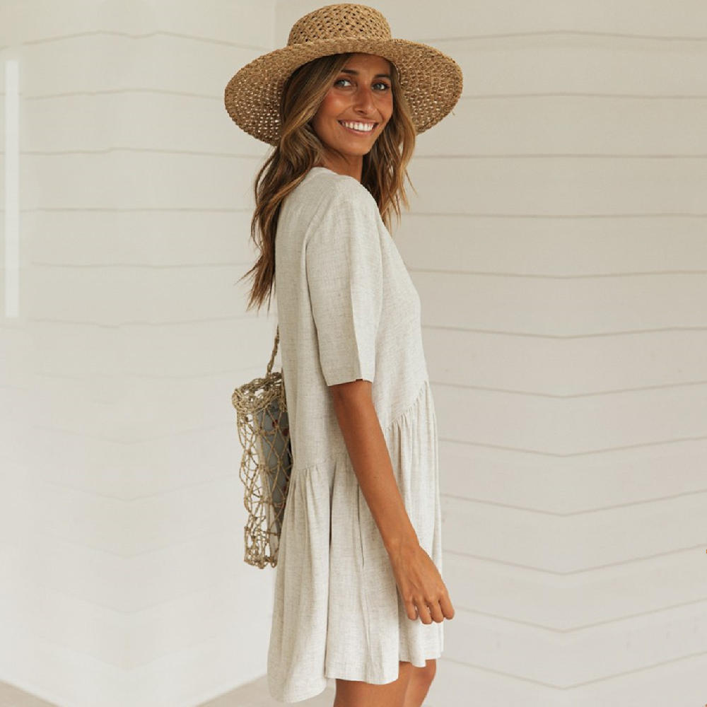 Bikini Cover-ups Sexy V-neck Short Sleeve Button Front Open Summer Beach Dress Tunic Women Beachwear Swimsuit Cover Up A779 210420