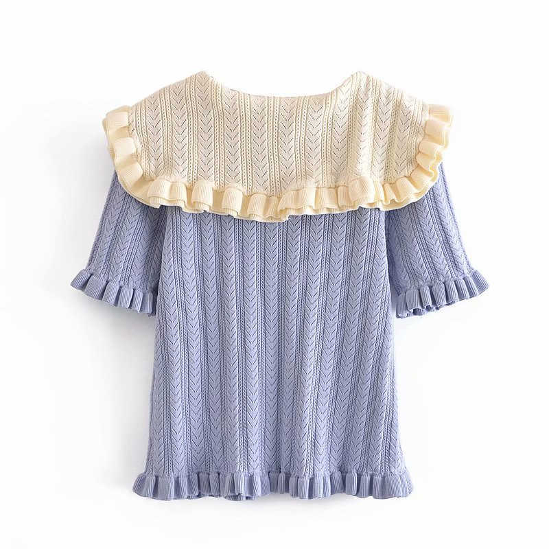 ZA Vintage Ruffle Knit Sweater Women Short Puff Sleeve Blue Spring Knitted Top Woman Fashion Streetwear Elastic Pullover 210602