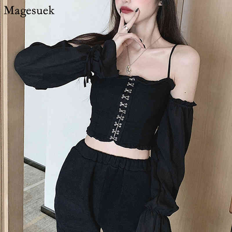 Gothic Style Long Sleeve Shirt Tops Female Sexy Backless Women Blouse Spring Slash Neck Solid Blouses Ladies Clothes 13316 210512