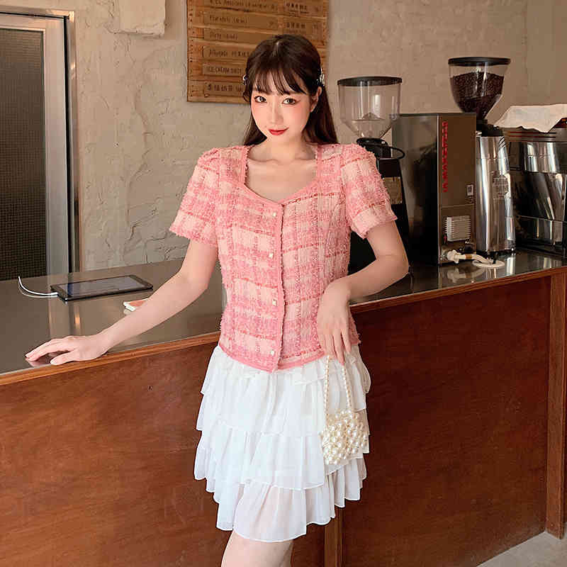 Sweet Fashion Two Piece Set Women's Pink Plaid Tweed Short Sleeve Chic Tops + Ruffles Chiffon Mini Skirts Outfits Female 210519