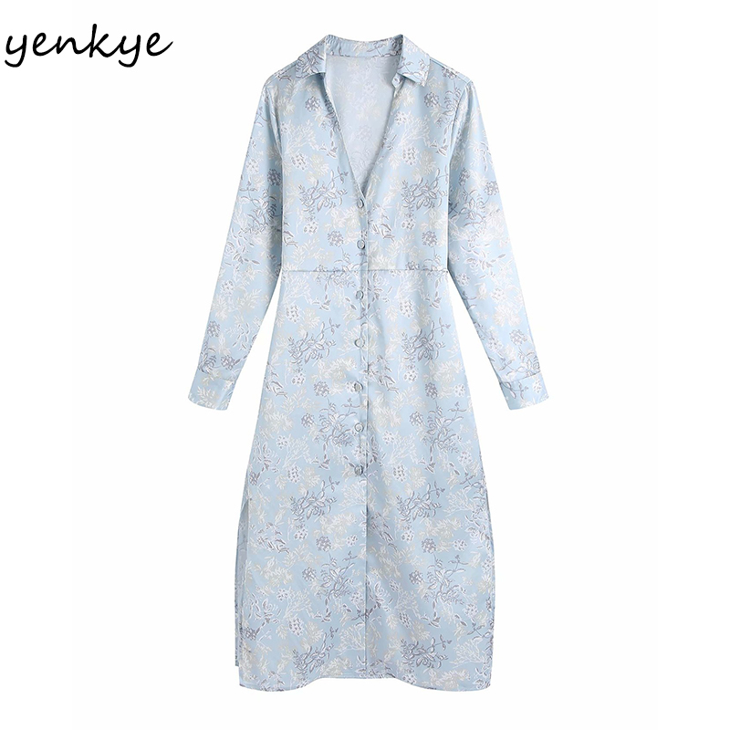 Spring Women Vintage Floral Print Long Shirt Dress Female Lapel Collar Sleeve Sashes Casual Plus Size Vestido 210430
