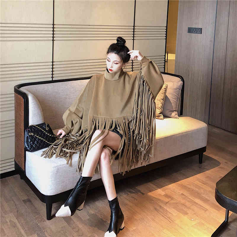 Autumn Winter Women Overcoat Manteau Fashion Streetwear Batwing Sleeve Faux Mink Cashmere Tassel Cloak Coat 210506