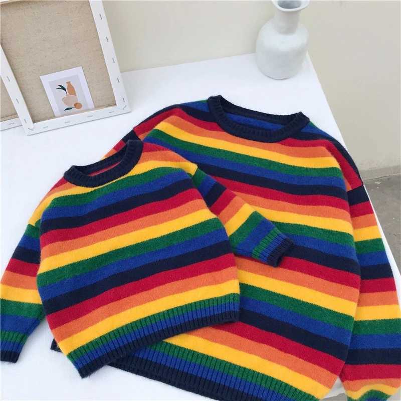 

Mom Baby Kids Striped Sweater for Mother Daughter Son Colorful Wool Knitted Pullover Tops Autumn Family Matching Clothes Outfits 210701