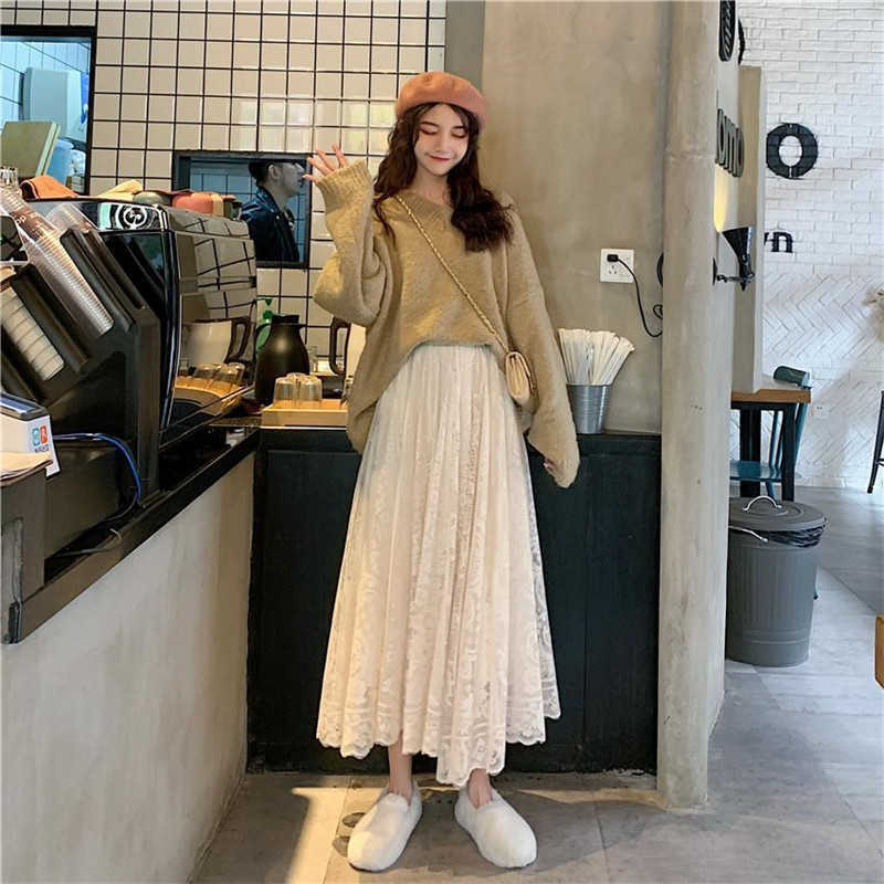 elegant Elastic High Waist Lace pleated skirt Womens Korean Elegant Casual A-line Black Long Skirt Female Summer clothes 210619wtt