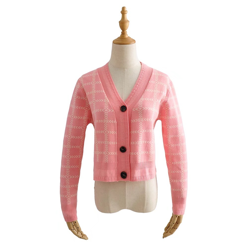 Autumn Vintage Pink Plaid Single Breasted Button Cardigan Sweater Woman V-neck Long Sleeve Jumper Knitwear 210429