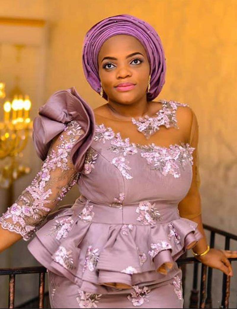 Aso Ebi Dusty Mermaid Formal Evening Dresses For Arabic African Women Appliques Lace Beads Long Sleeves Mother Special Occasion Dress Crew Neck Plus S