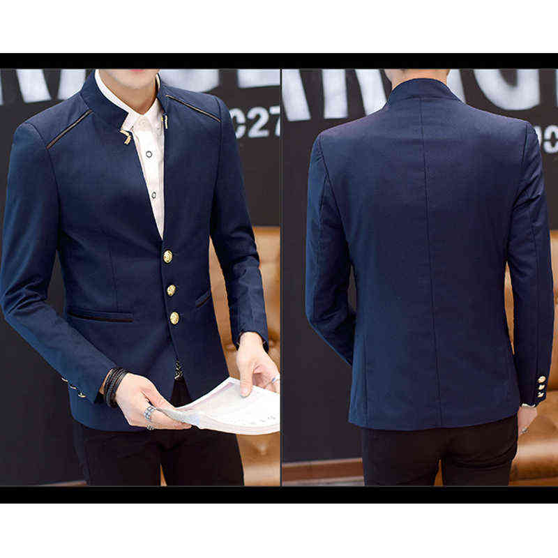 Stand Collar Men Casual Blazers Three-Buttons Suit Jacket Wheat Stalks Embellished Spring Mens Chinese Style Blazer 211120