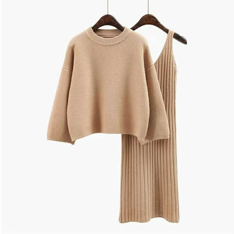 Ly Varey Lin Autumn Winter Womans Sweater + Straped Mini Dress Sets Solid Color Casual Loose Knitted Two-pieces Suits 210526