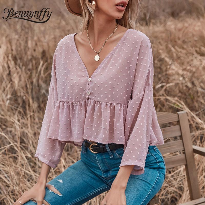 V-neck Swiss Dot Chiffon Sheer Ruffle Hem Crop Top Blouse Women Summer 3/4 Sleeve Button Front Ladies Blouses 210510