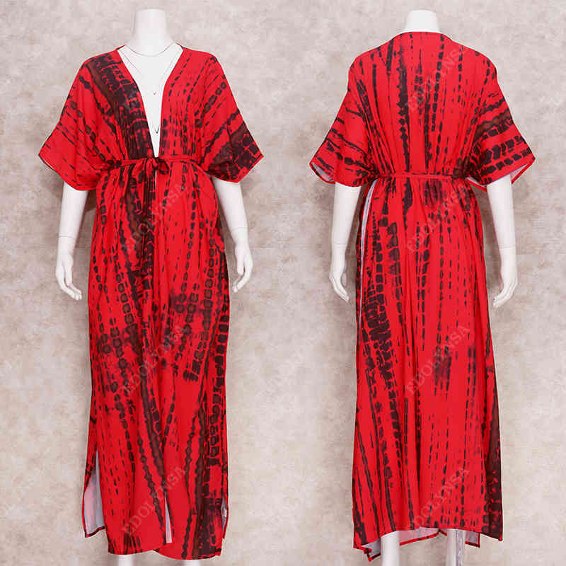 Red Striped Bikini Cover-ups Plus Size Long Kimono Sexy Belted Summer Wrap Dress Women Beach Wear Swim Suit Cover Up A859 210420
