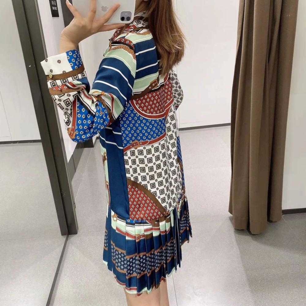 Women Printed Pleated Mini Dress Collared Long Sleeves Elegant Chic Casual Short Dresses Fashion Women Clothing 210709