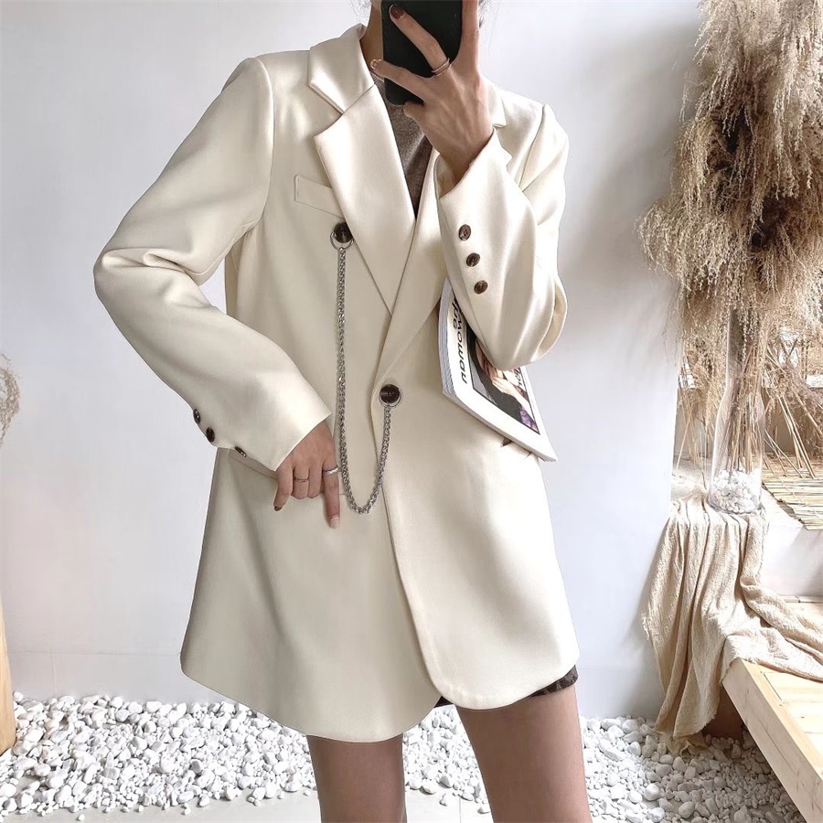 OL Notched Vintage Solid Double Breasted Blazer Coat Autumn Formal Chain Decoration Women Blazers Suit Jacket 210421