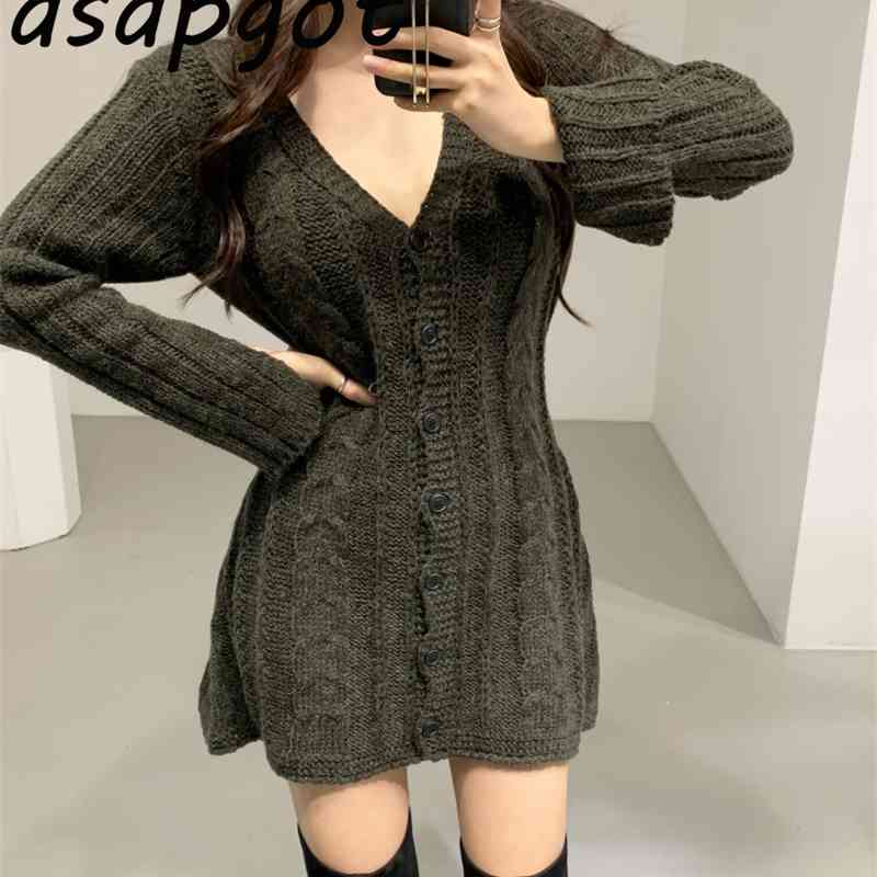 Autumn Winter Sweater Dress V Neck Slim Empire Waist Single-breasted Above Knee Twist Knitted Qualities Loose 210429