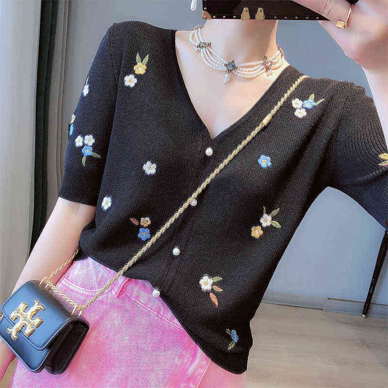 Floral Embroidery Thin Knitted Cardigans Sweaters Summer Women Korean Fashion V-neck Short Sleeve Single-breasted Ice Silk Tops 211117