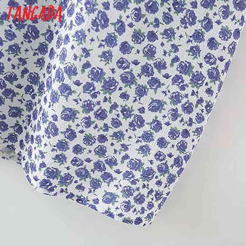 Summer Women Blue Floral Print Mini Strap Adjust Ladies Dress Vestidos 2M145 210416