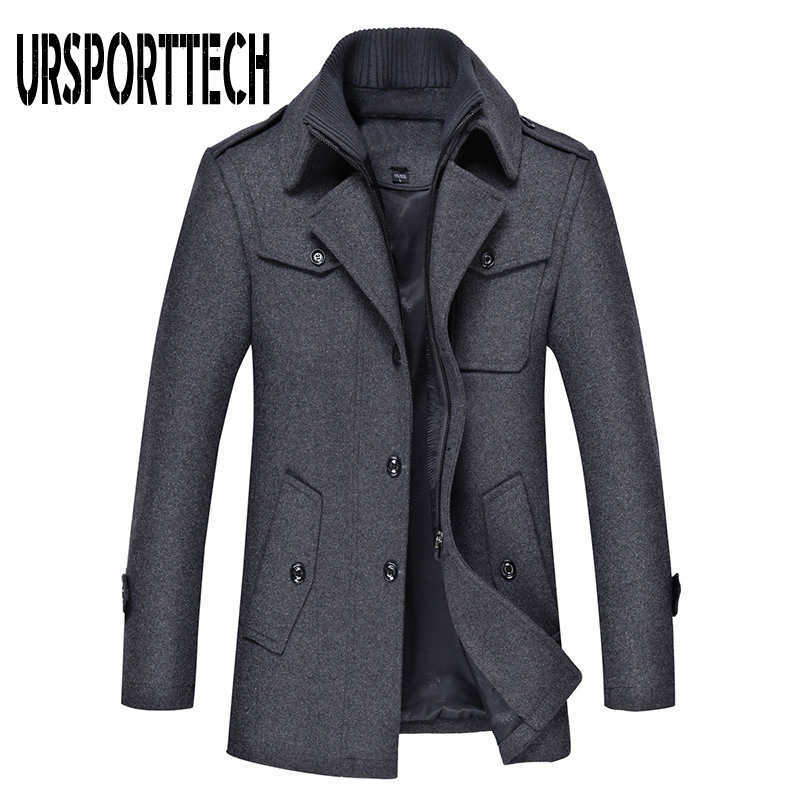 URSPORTTECH Wool Coat Men Slim Large Size Trench Coat Men Thick Woolen Coat Mens Overcoat Fashion Autumn Winter Men Wool Jackets 210528
