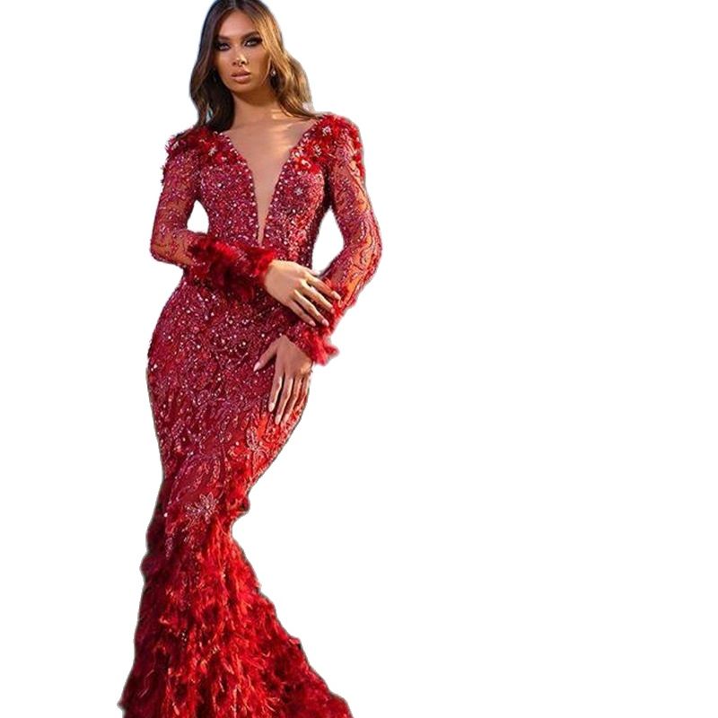 Luxury Red Mermaid Evening Dresses V Neck Beaded Feather Long Sleeves Prom Dress Ruffle Open Back Sweep Train Formal Party Gown