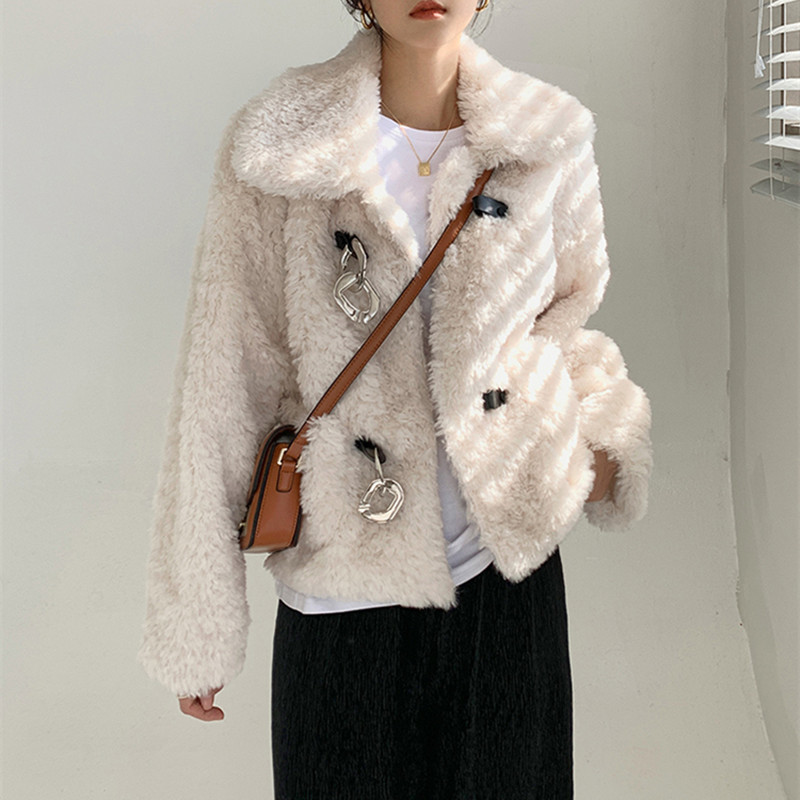 Autumn Winter OL Single-breasted Faux Rabbit Fur Jacket Women Outwear Solid Loose Lapel Thick Warm Plush Coat Female 210421