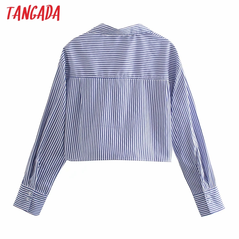 Women Retro Blue Striped Crop Turn Down Collar Chic Female Shirt Tops 4M07 210416