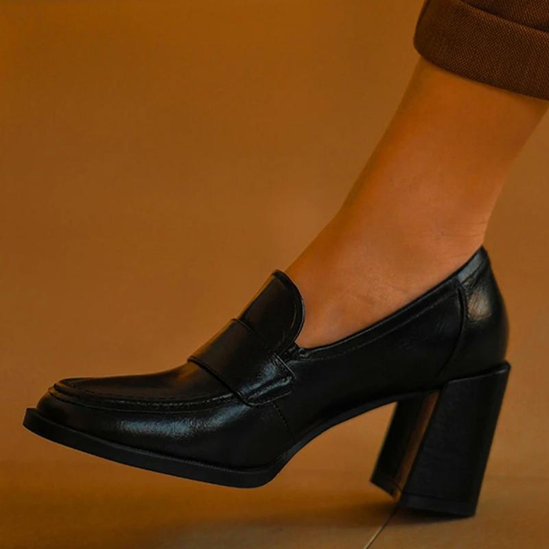 Dress Shoes Women's Mid Pumps Autumn Casual Loafers Pu Leather Chunky Heel Platform Fashion Square Toe Slip On Black Female Footwear