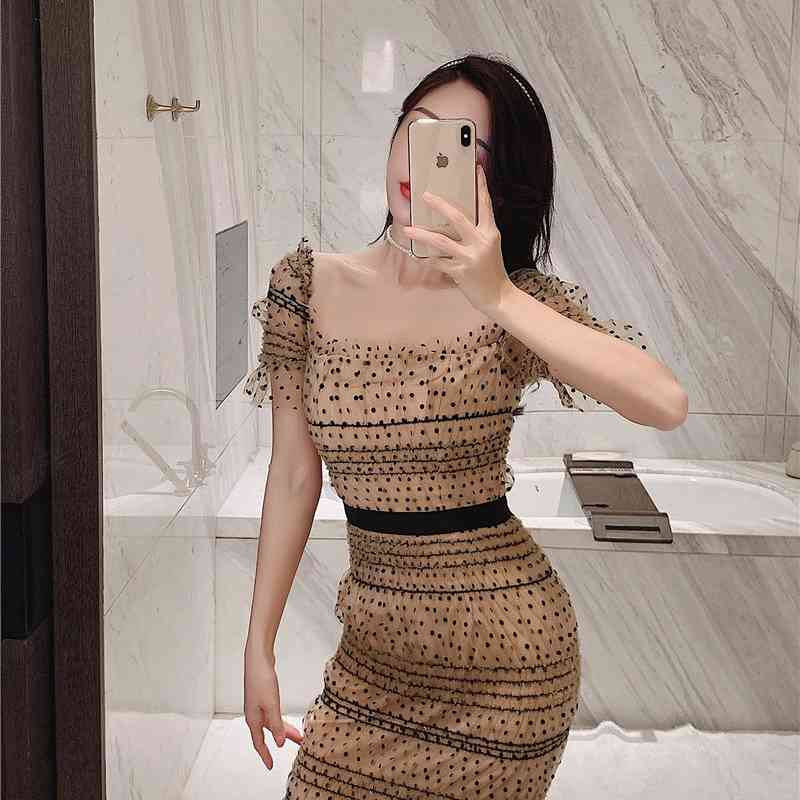 Summer Short Sleeve Self Portrait Dress Women Square Collar Sexy Mesh Polka Dot Bodycon Runway Vestidos 210520