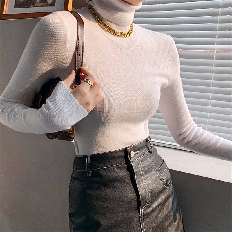 Streetwear Vintage Basic Slim Turtleneck Office Lady Fashion Retro Knitted Elegant High Quality Solid Tops Sweaters 210421
