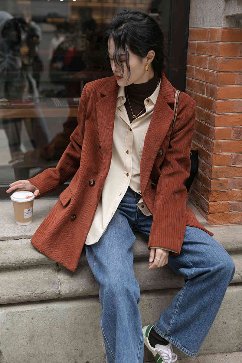 Wonder Winter Corduroy Double Breasted Blazer Female Vintage Quilted Women Suits Autumn Lady Jacket 210510