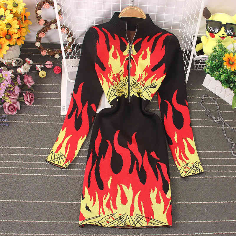 Spring Summer Knitted Long Sleeve Dress Harajuku Flame Print Zipper Stand Collar Ladies Casual Stretch Dresses 210519