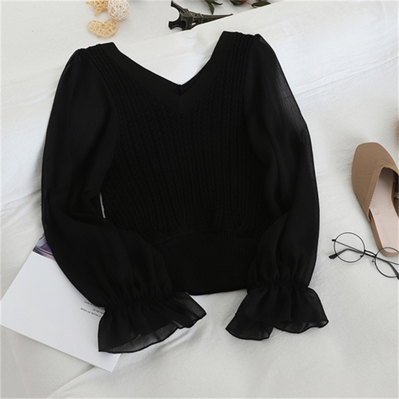 Fashion Patchwork Mesh Blouse Women V Neck Knit Flare Long Sleeve Blusas Autumn Spring Slim Shirt Elegant 47108 210602