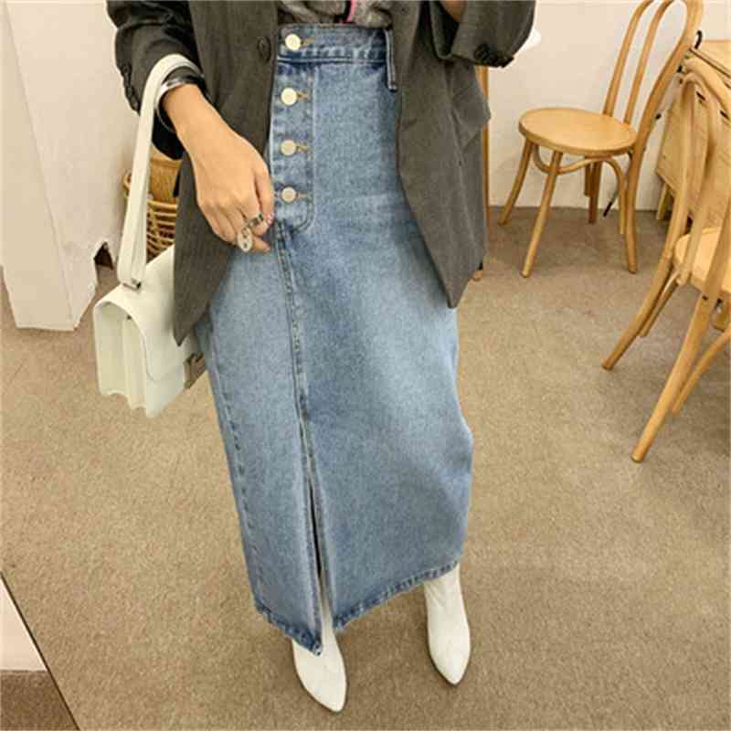 Korea New Denim Skirts Fashion Split Long Skirts Solid Party High Waist Jeans Skirt for Women 210421