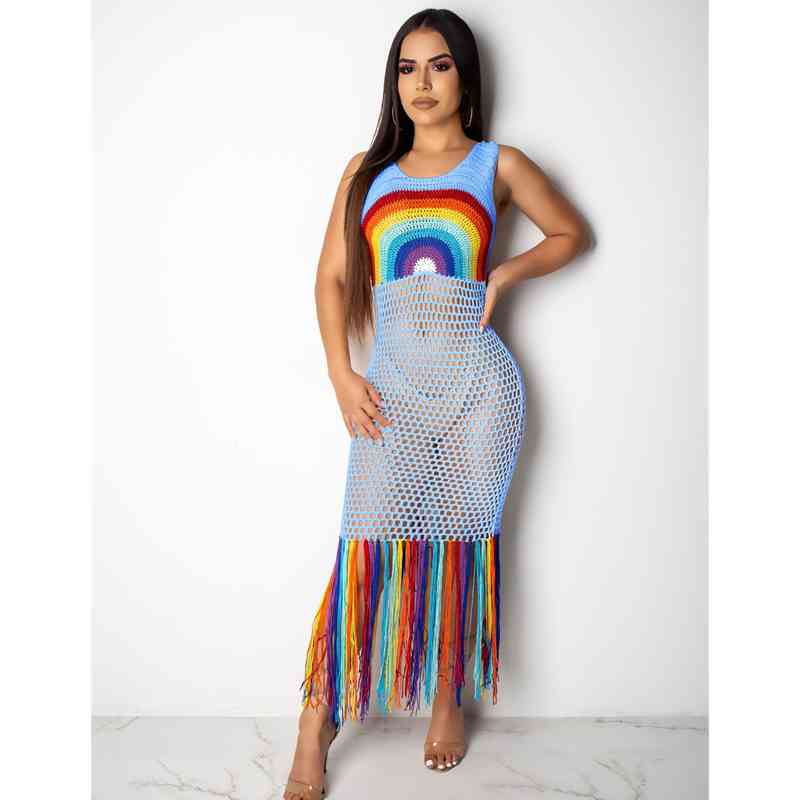 Sexy Fringed Bikini Cover-ups Handmade Crochet Rainbow Backless Summer Dress Tunic Women Swim Suit Cover up A377 210420