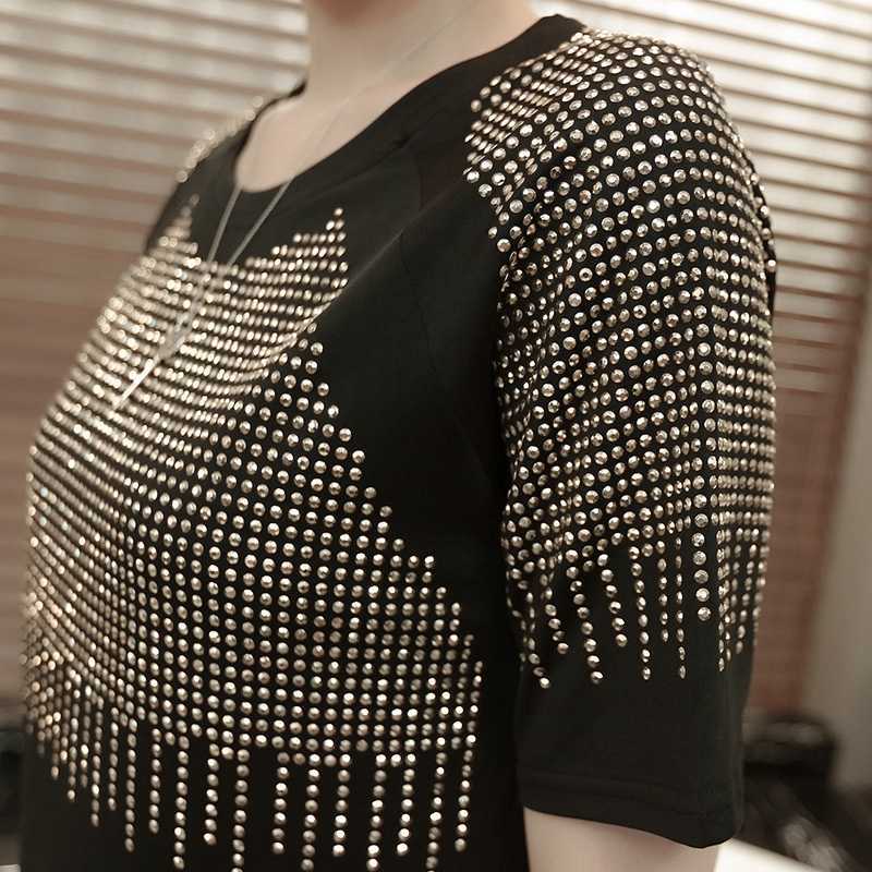 Women Summer Dresses Fashion Casual Short Sleeve Vestidos Sexy Rivet Diamonds Dress Shirt Loose Black Dress Plus Size XXXL 210630
