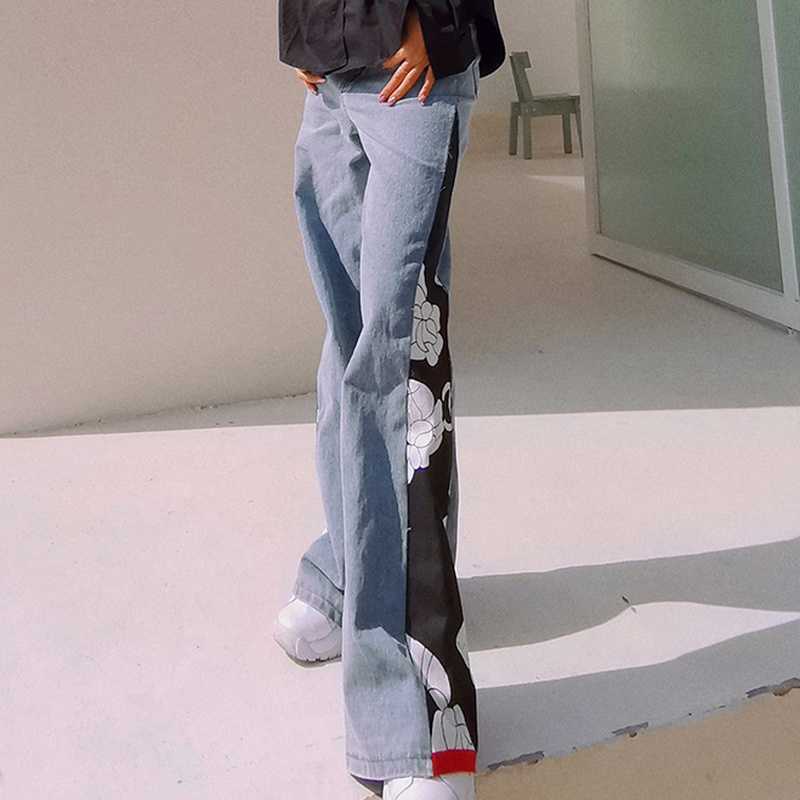 Patchwork Hit Color Wide Leg Soft Washed Jeans High Waist Loose Woman Pants Elegant Temperament Silm Denim Bottoms 210525