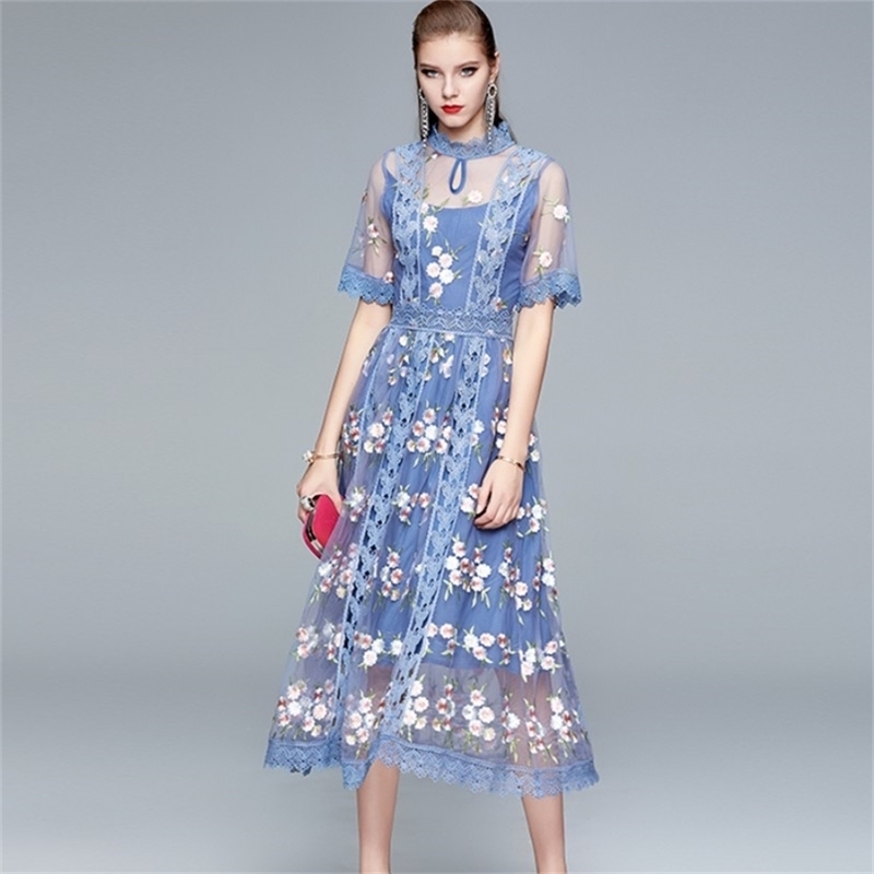 Vintage Designer Women Luxury Embroidery Mesh Dress Femme High Quality Elegant Stand Collar Short Sleeve Party Robe 210519, Blue
Vintage Designer Women Luxury Embroidery Mesh Dress Femme High Quality Elegant Stand Collar Short Sleeve Party Robe 210519, Blue