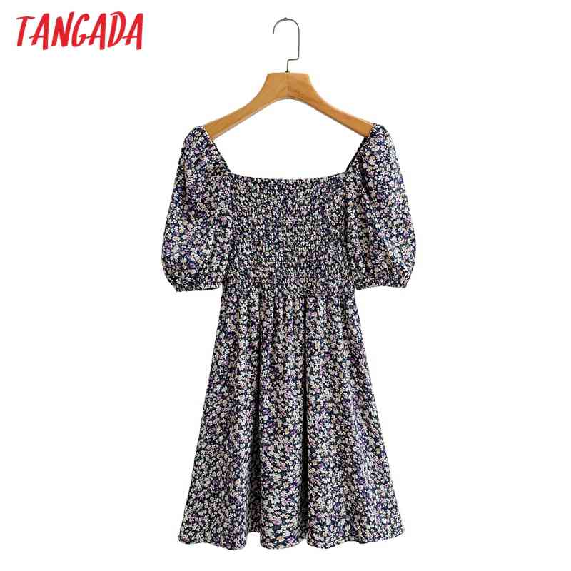 Summer Women Flowers Print Puff Short Sleeve Ladies Mini Dress Vestidos 1F52 210416