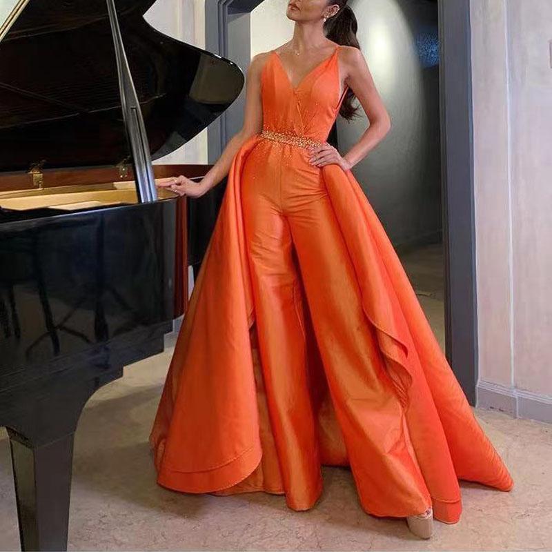 2022 Orange Spaghetti Strap Jumpsuit Evening Dresses Detachable Train Outfit Celebrity Gown Bead Satin Womens Special prom dress with pant suit
