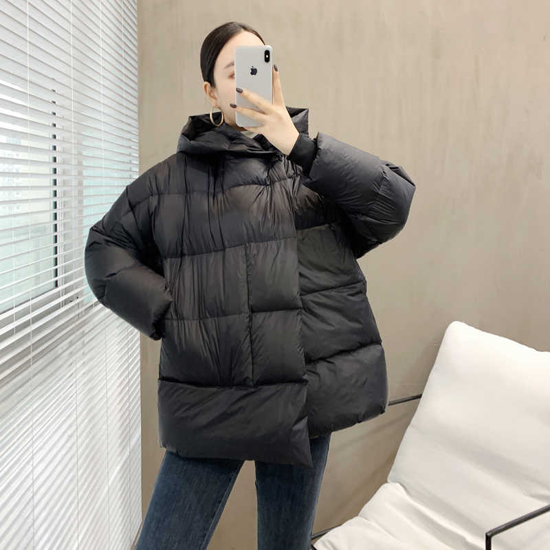 Winter Thick Warm Down Coat Women Oversized Hooded Puffer Jacket Female Bat Sleeve Plus size Casual Loose Overcoat Lady 211018