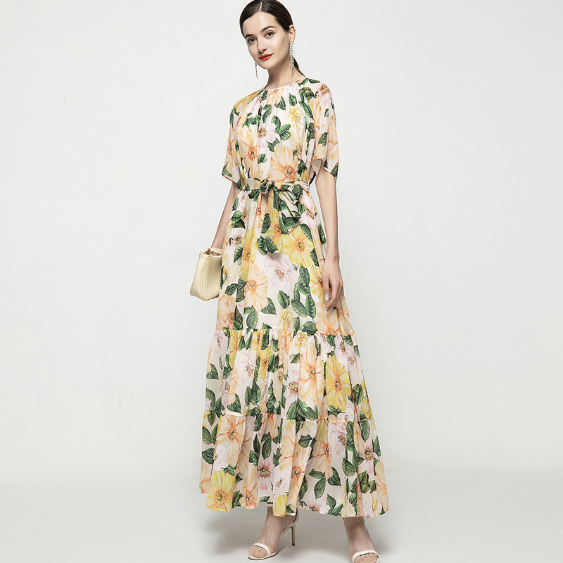 Women's Runway Dress O Neck Short Sleeves Printed Lace Up Sash Belt Fashion Mid Dresses Vestidos