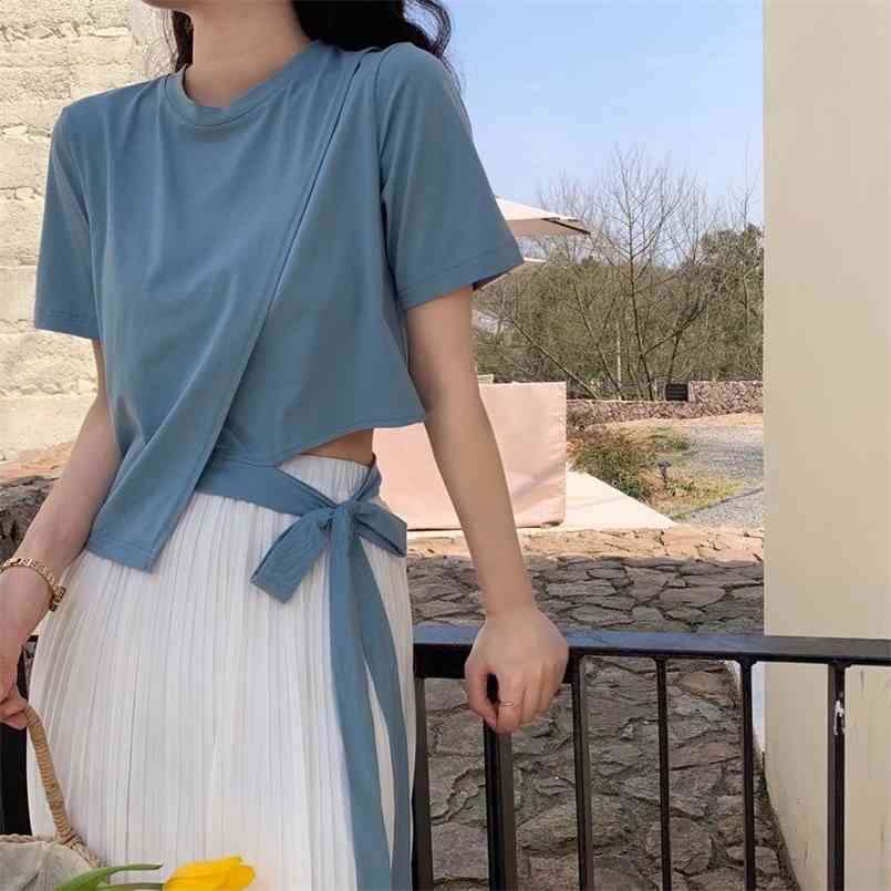 Short Sleeve T-shirts Women Bow Tied Belt Asymmetrical Hem Womens Solid Summer Chic Fashion Casual Streetwear Elegant Retro Top 210708, Blue
Short Sleeve T-shirts Women Bow Tied Belt Asymmetrical Hem Womens Solid Summer Chic Fashion Casual Streetwear Elegant Retro Top 210708, Blue