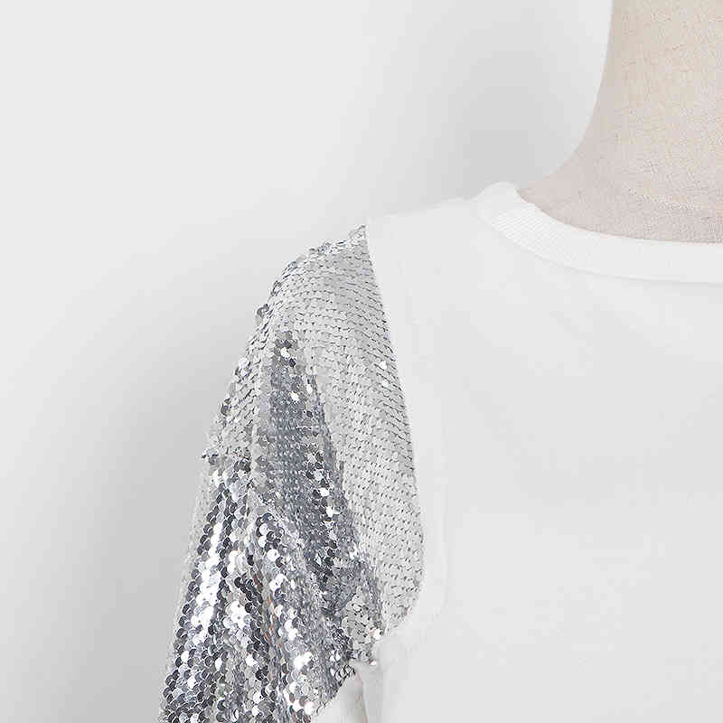 TOWTWINSTYLE Sequins Casual White Sweatshirt For Women O Neck Long Sleeve Irregular Patchwork Sweatershirts Female 210524