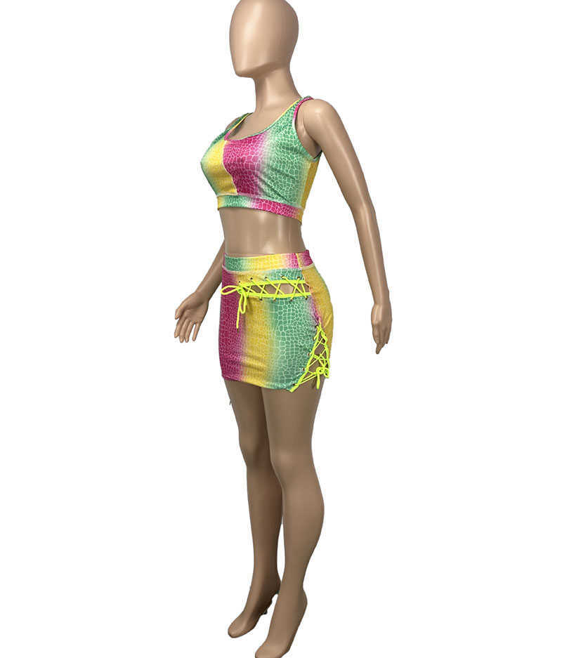 Beyprern Chic Rainbows Print Crop Top And Skirt Set Two-Piece Suits Womens Lace-Up Bandage Tracksuit Set Party Club Outfits 210708