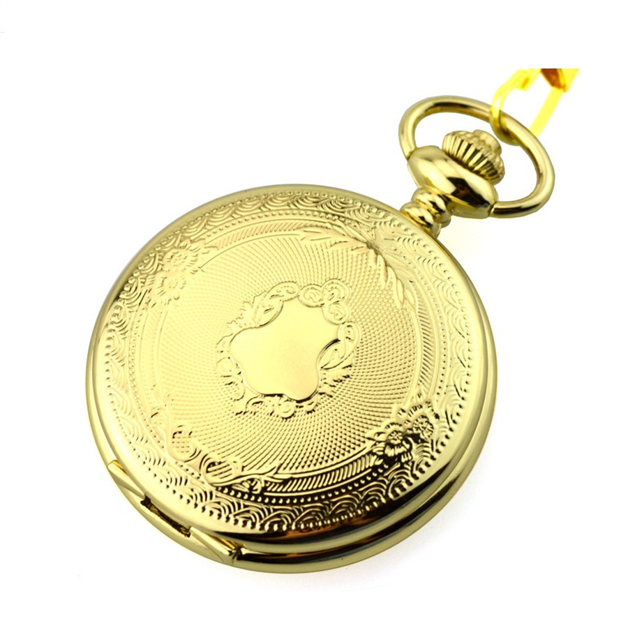 

BESTIME Watch Quartz Movement Fob Pocket Watches with Chain Full Hunter Golden Case Engraved Floral Pattern 6 Pieces, Gold