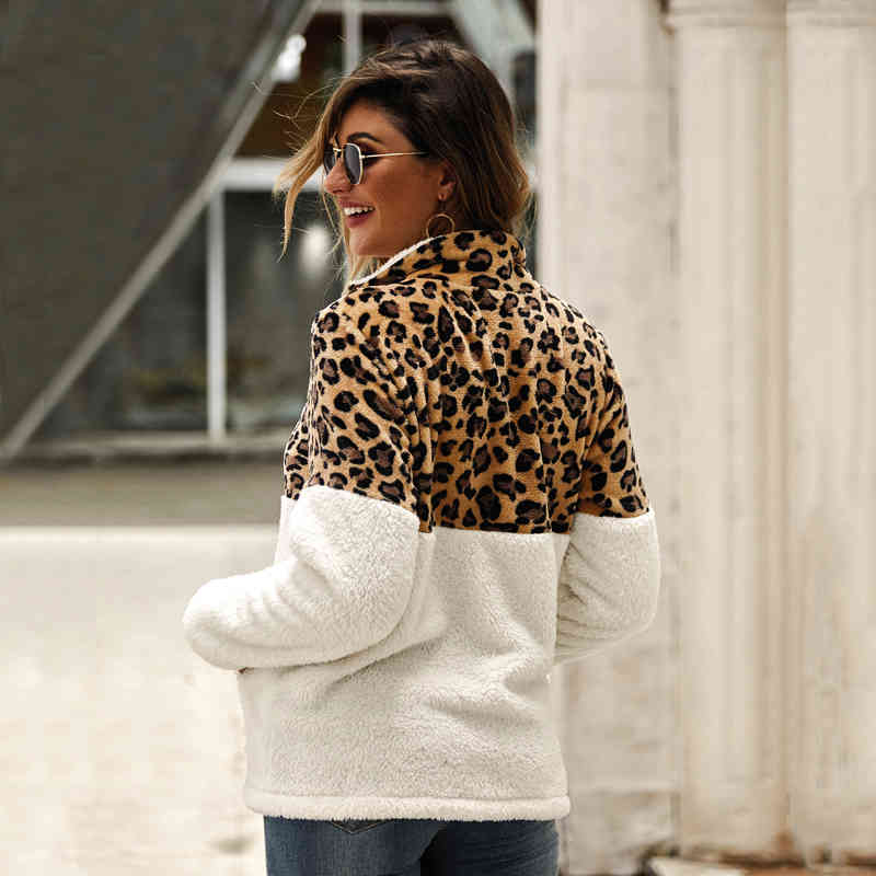 Women Winter Sweatshirt Leopard Patchwork Long Sleeve Pockets Ladies Plush Tops Zipper Pullover Warm Clothing Female 210415