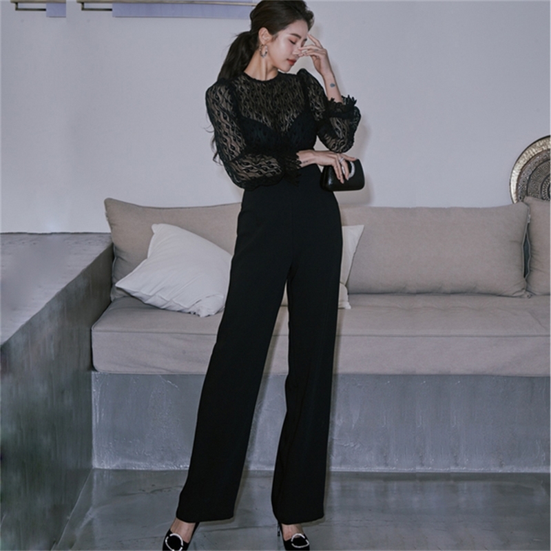Arrivals Spring Korean Sexy Hollow out Lace Patchwork Jumpsuits Women Casual Slim Wide Legs Romper Formal Work Wear Playsuit 210519