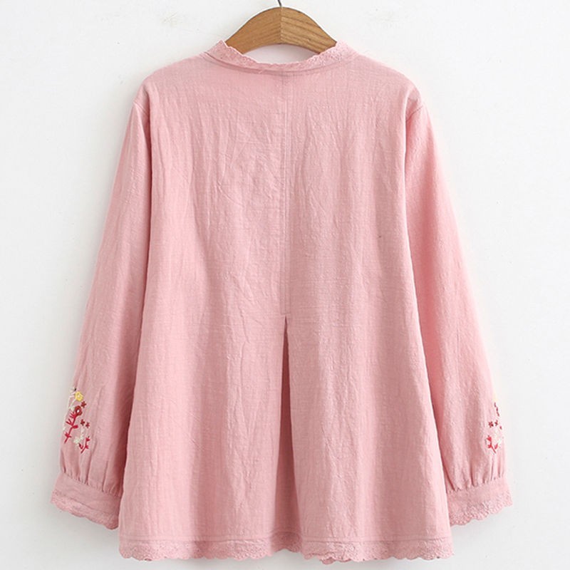 Arrival Spring/autumn Women Loose Casual Long Sleeve Floral Embroidery Blouse Ruffled Collar Cotton Linen Shirts W78 210512