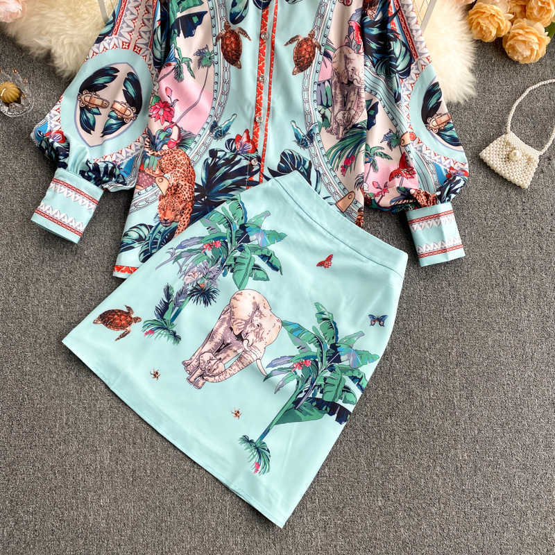 DEAT Spring Lapel Bubble Sleeve Shirt High Waist Slim Skirt With Elastic Waist Vintage Print Two Piece Set MZ132 210708